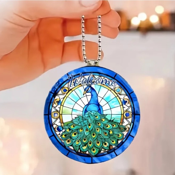 Peacock Feather “Welcome” Faux Stained Glass 2D Acrylic Pendant Ornament - Picture 1 of 5